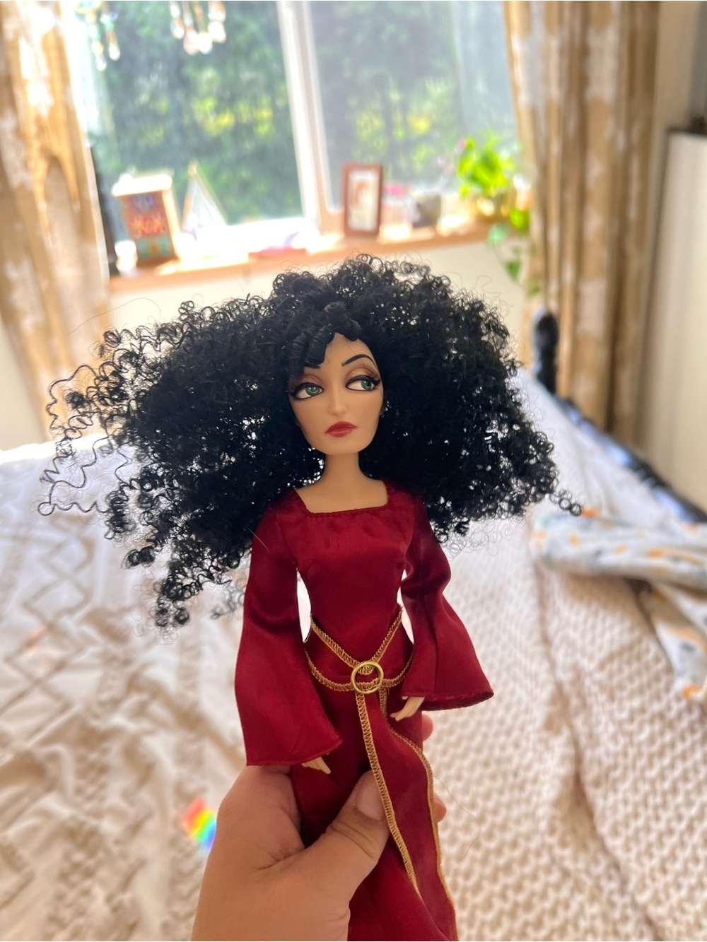 Disney Madam Gothel in Deep Red Satin Gown with Gold Chain Accent